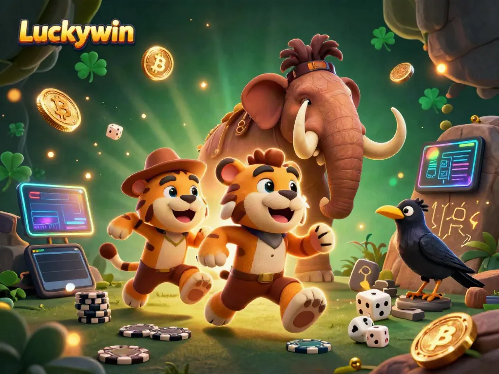 Experience Luckywin as a dynamic 3D casino scene featuring a caveman, sabertooth tiger, and a crow amidst vibrant gaming elements.