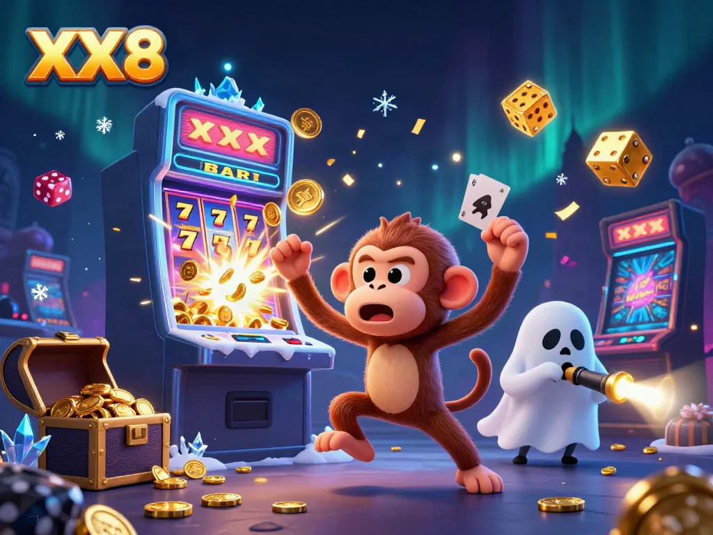 Engage in thrilling gaming ambiance with XX8, featuring a mischievous monkey and ghost-hunter puppy in a vibrant haunted casino.
