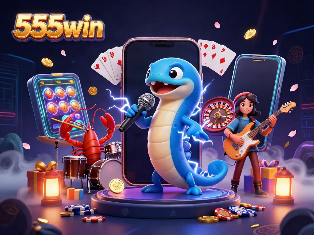 Experience high-energy casino fun with 555win's electric eel DJ and band in an underwater stage depicting excitement.