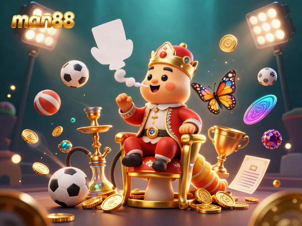 Experience the excitement of gaming with man88, showcasing a vibrant 3D illustration of a hookah-master and sports elements.