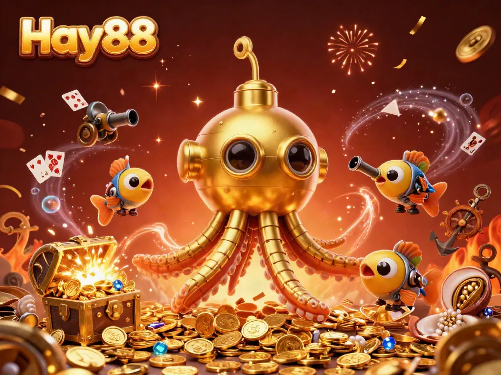 Experience thrilling gameplay with Hay88's golden kraken submarine in a vibrant casino world.