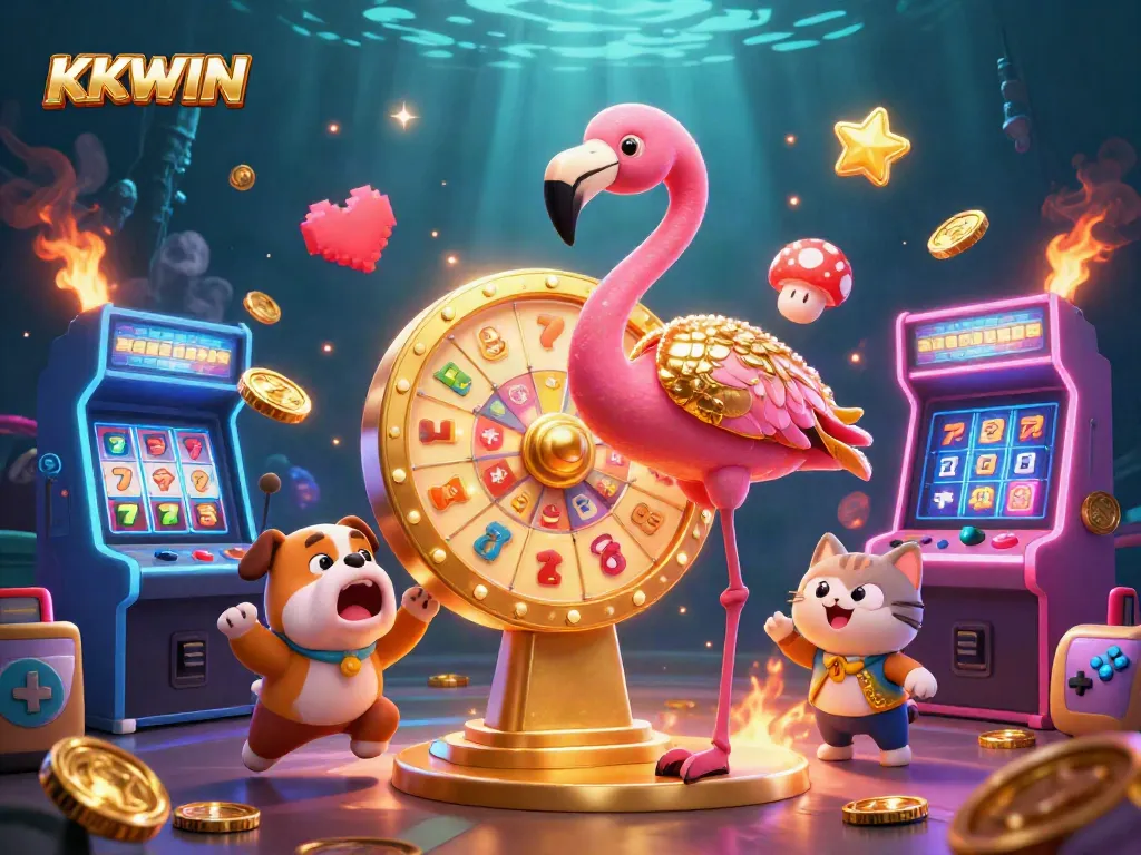 Experience the excitement of KKWIN with a dazzling game show scene filled with prizes and vibrant casino elements.