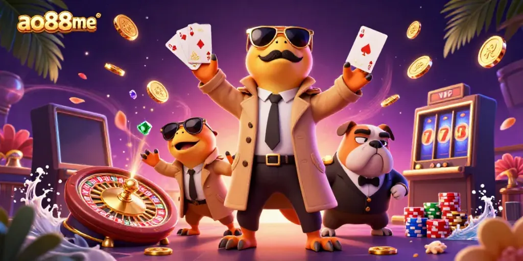 Raptors in a trench coat entering a VIP casino lounge, showcasing excitement and gambling elements for ao88me.