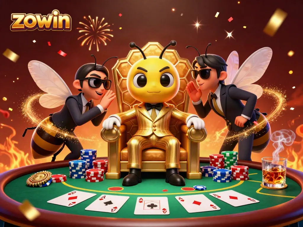 Zowin showcases a vibrant scene with a bumblebee mob boss, poker elements, and celebratory atmosphere.
