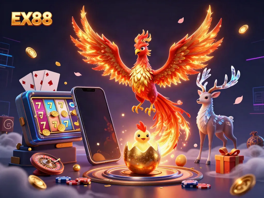 Spin winning slots with EX88 in a vivid casino-themed scene featuring a phoenix and mystical stag.