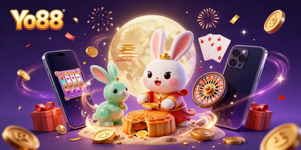 Engage in gaming excitement at Yo88 with colorful slot reels, poker chips, and festive atmosphere in a vibrant 3D scene.