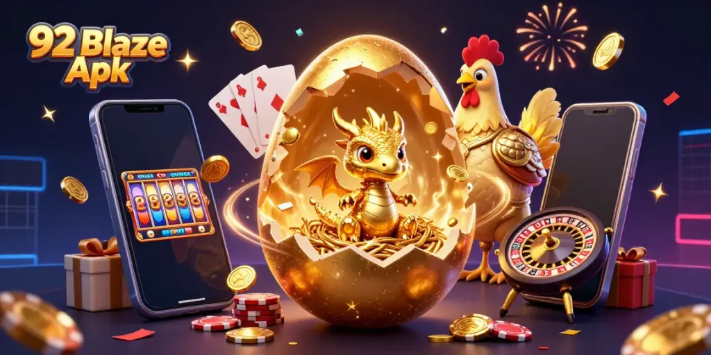 Engage with the exciting features of 92 Blaze Apk, showcasing a golden dragon and dynamic gaming elements.