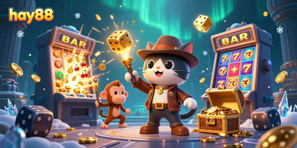 Experience the excitement of hay88 with a cat explorer finding treasures in a vibrant casino scene.