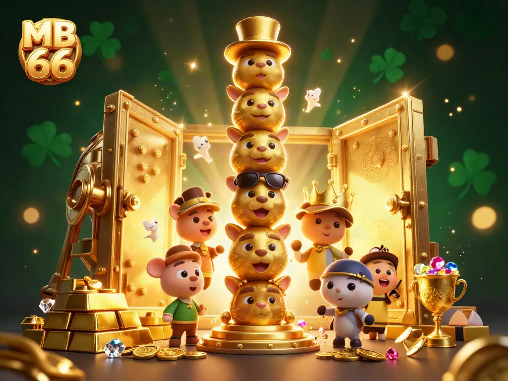 Join the excitement at MB 66 with an enchanting illustration of a vibrant 3D totem pole surrounded by golden treasures and casino elements.