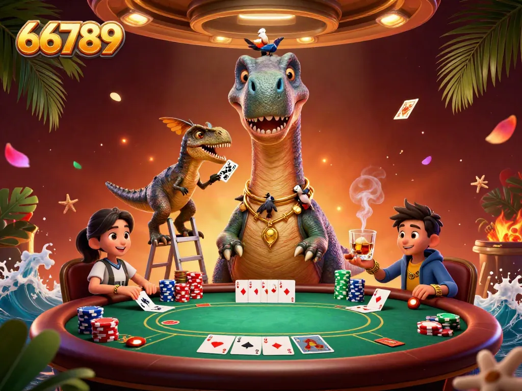 Engage with the dynamic casino atmosphere at 66789 with a brontosaurus and a raptor dealing poker cards.