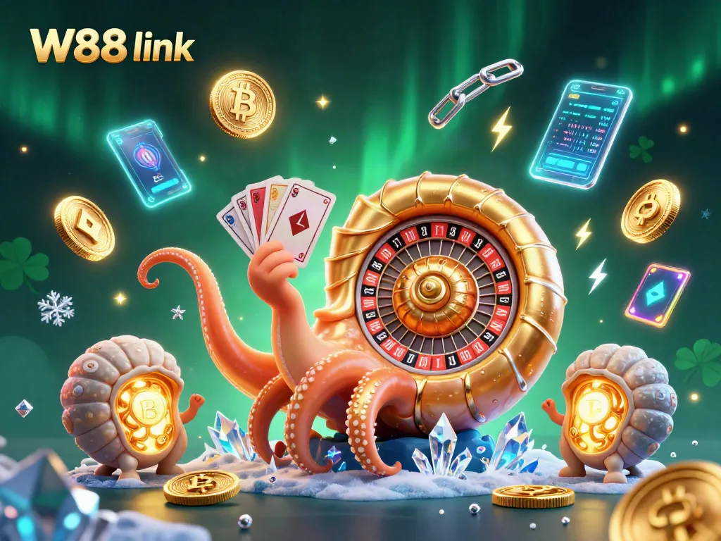 Place bets with W88 link, featuring a whimsical nautilus and glowing ammonite companions.
