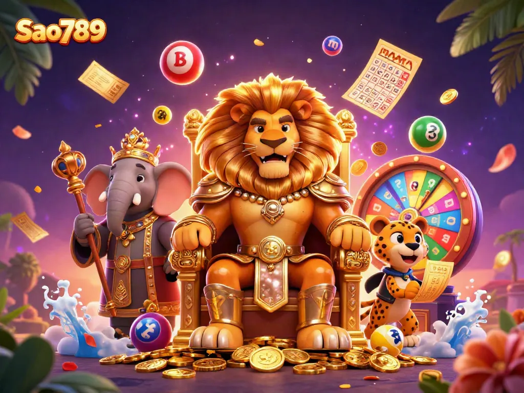 Experience Sao789's vibrant gaming world with detailed characters and dynamic elements celebrating games of chance.