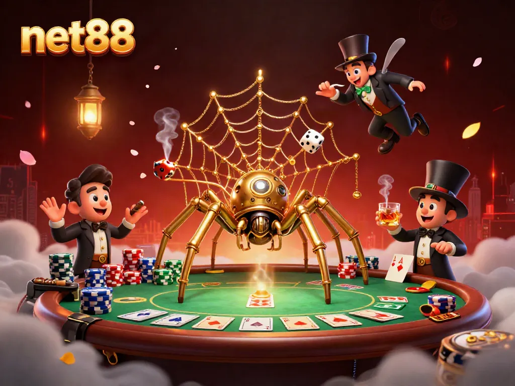Catch exciting gameplay with net88 featuring a golden spider in a steampunk casino web.