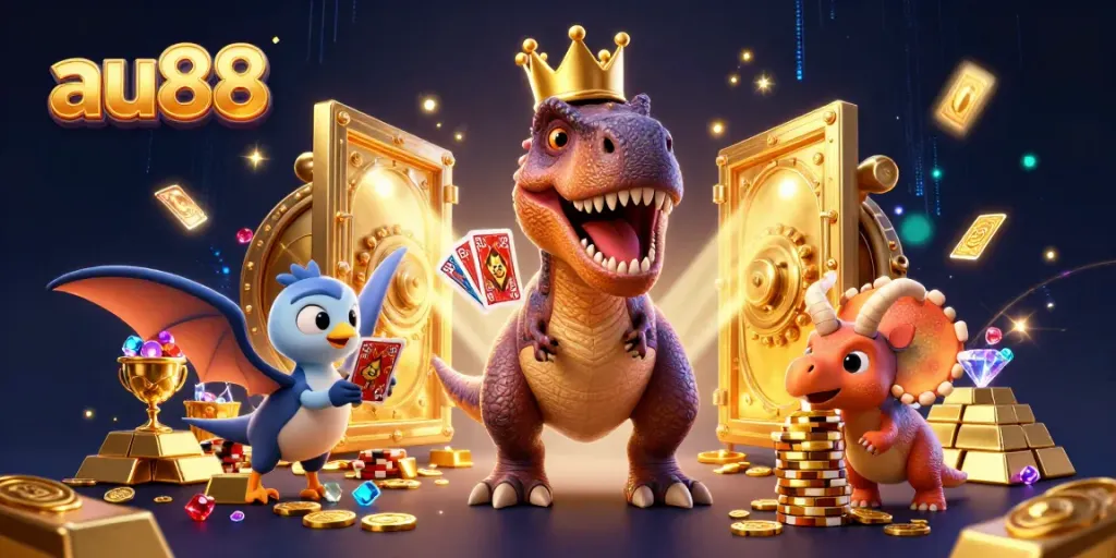 Engaging illustration featuring au88's T-Rex character shuffling cards and two playful dinosaurs amidst golden casino treasures.