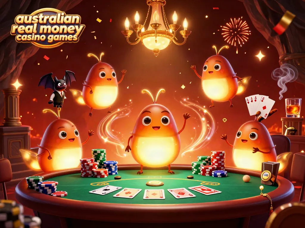 Play australian real money casino games with an illuminated glowworm casino scene featuring poker and festive decorations.
