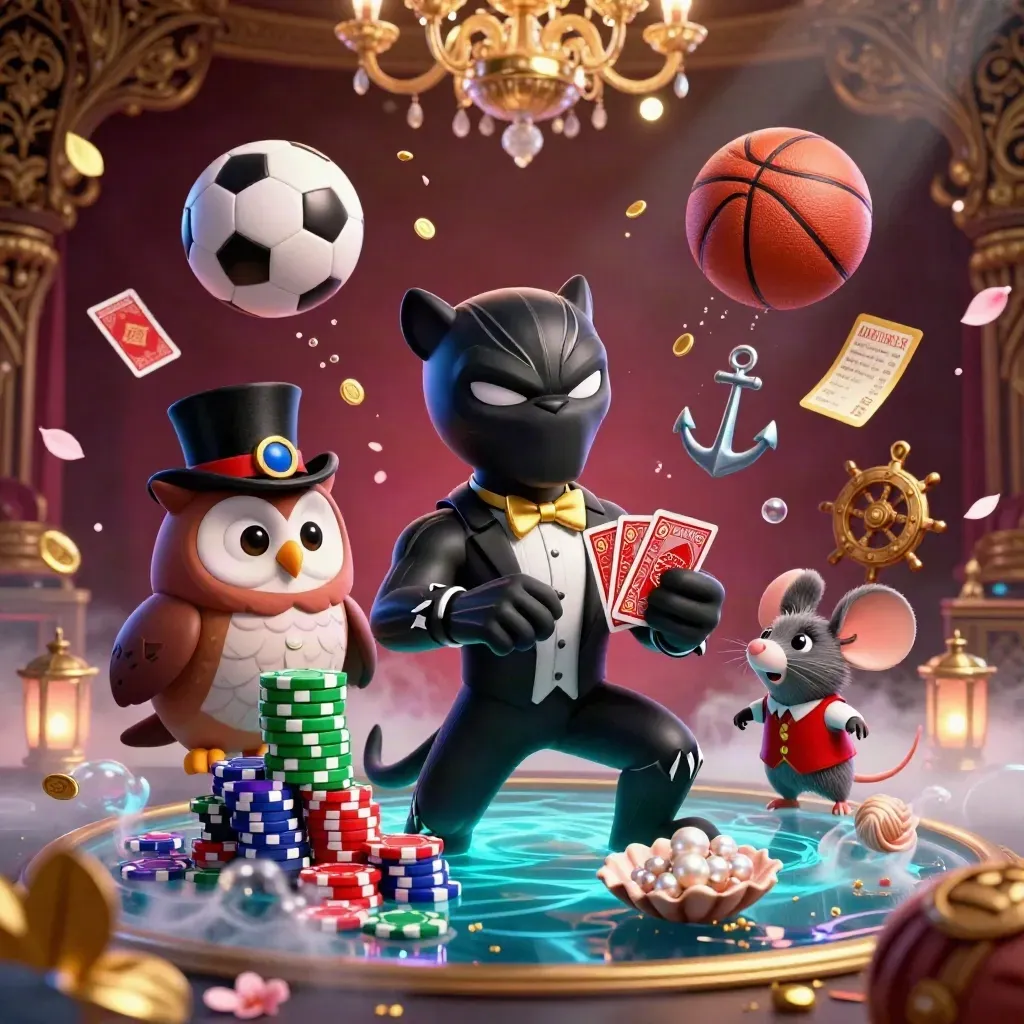 Panther, owl, and mouse amid chips, cards, sports balls, and neon treasure glow.