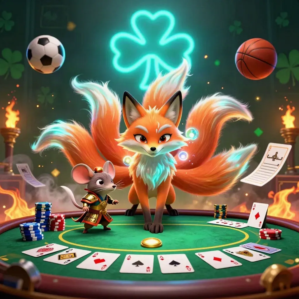Neon fox spirit and samurai mouse amid poker chips, balls, cards, and emerald casino haze.
