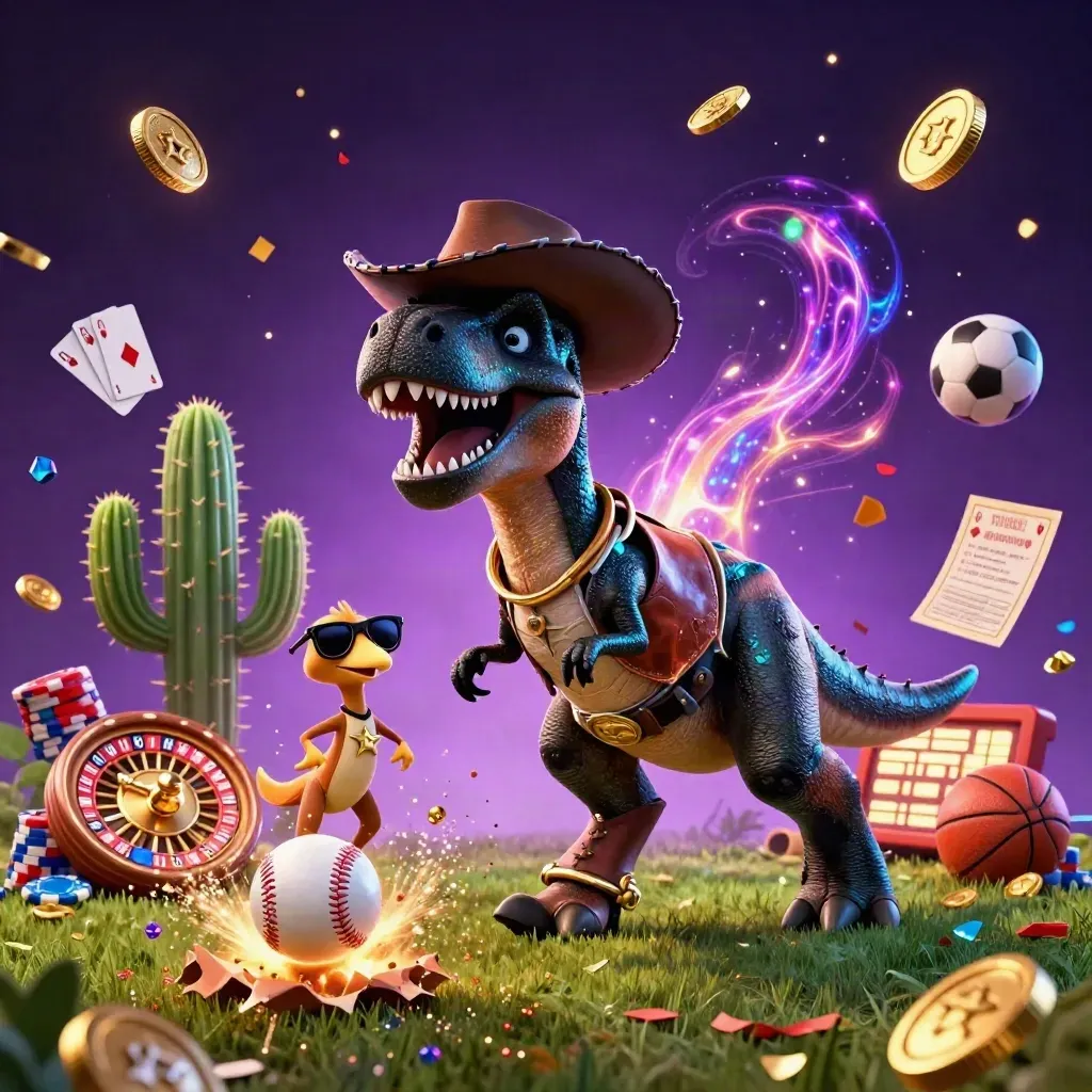 Cowboy T-Rex, cactus, and roadrunner amid casino sports effects and a frozen first pitch.
