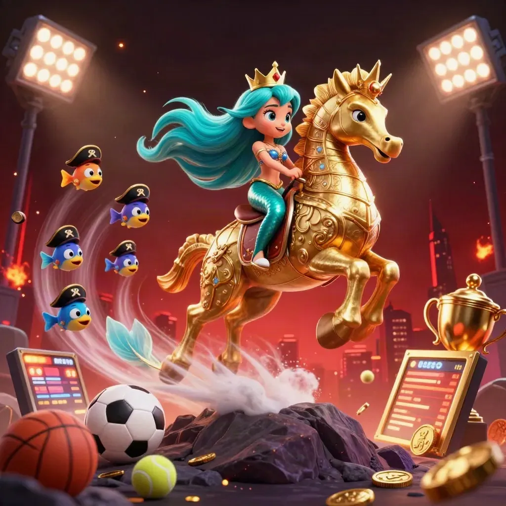 Mermaid princess on armored seahorse with pirate fish, casino lights, coins, and neon stadium glow.