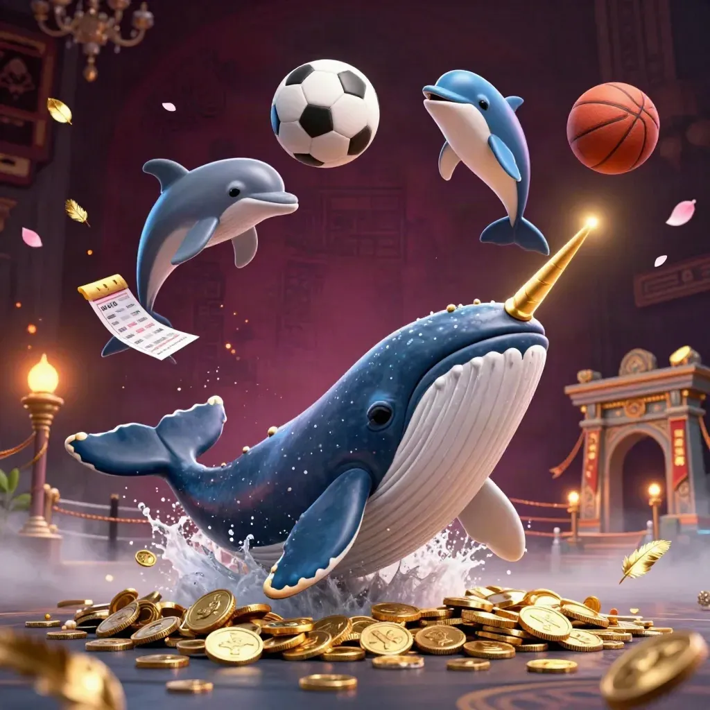 Whale, narwhal, and dolphins burst through coins under neon casino lights.