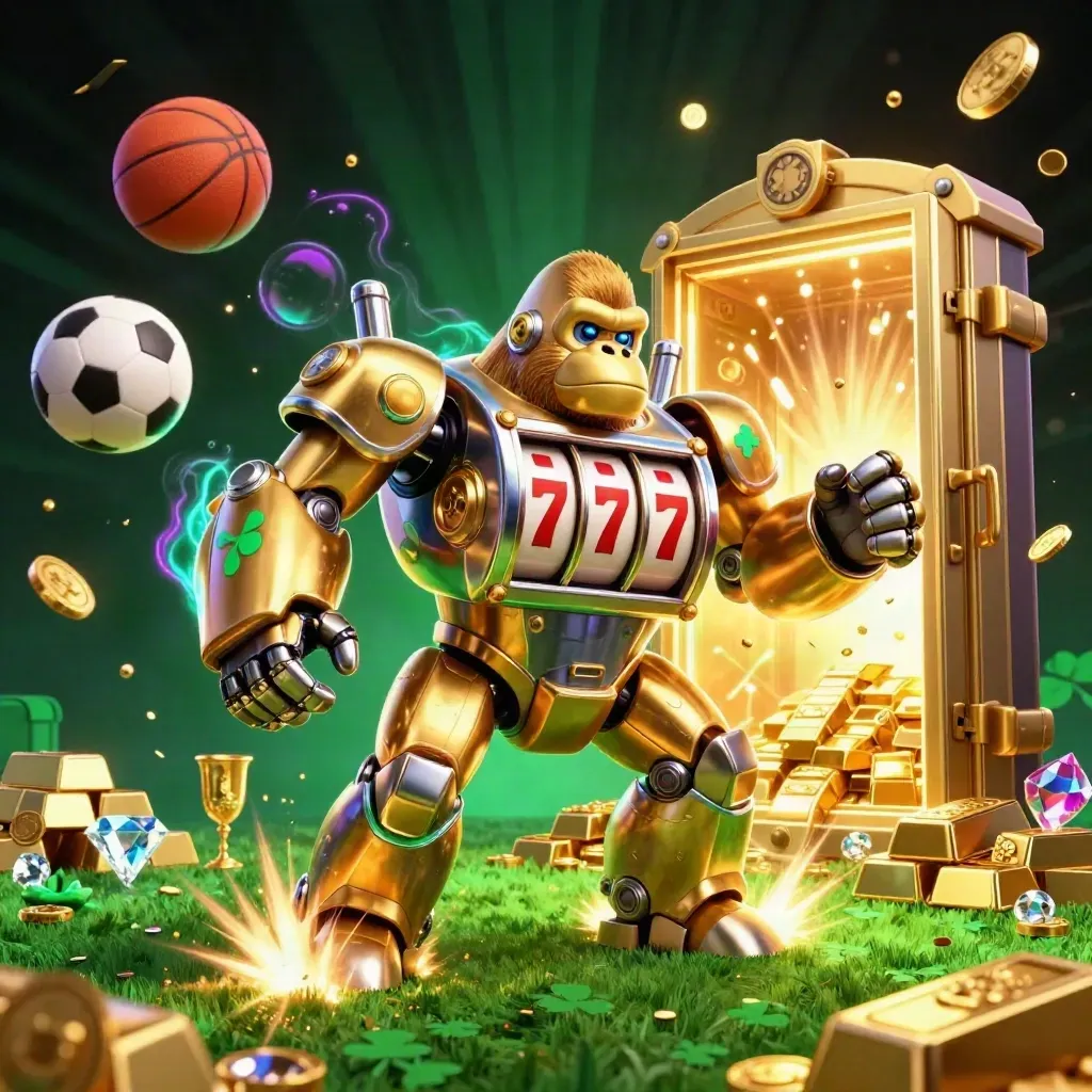 Golden gorilla mech and monkey pilot amid vault loot, balls, and neon casino light.
