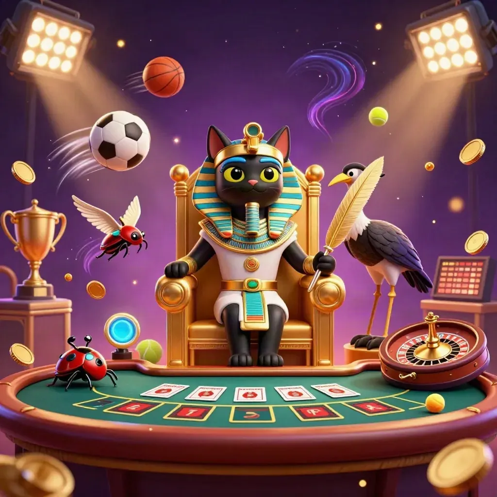 Pharaoh cat, ibis scribe, and gem-winged scarabs in a neon casino scene with sports balls and a spinning roulette wheel