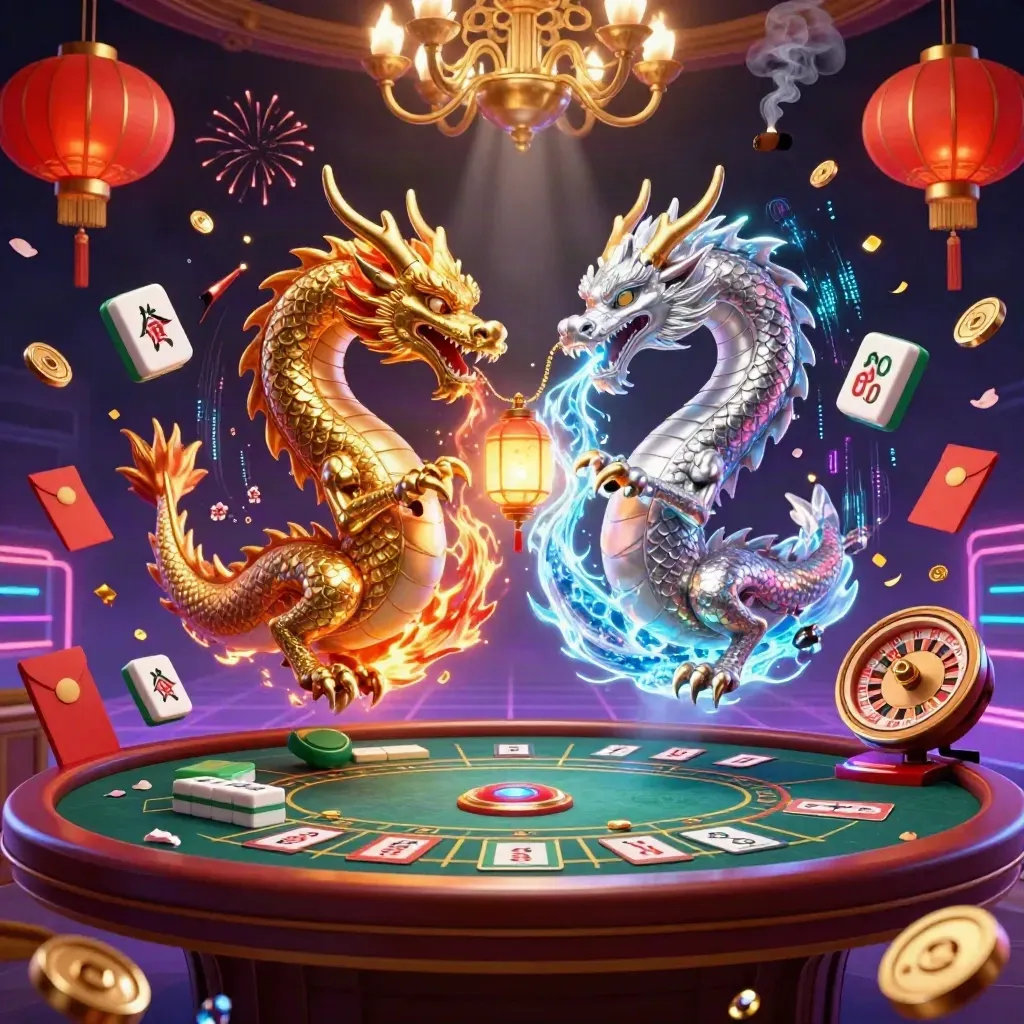 Gold and silver dragons spiral through neon casino props in a dark futuristic room.