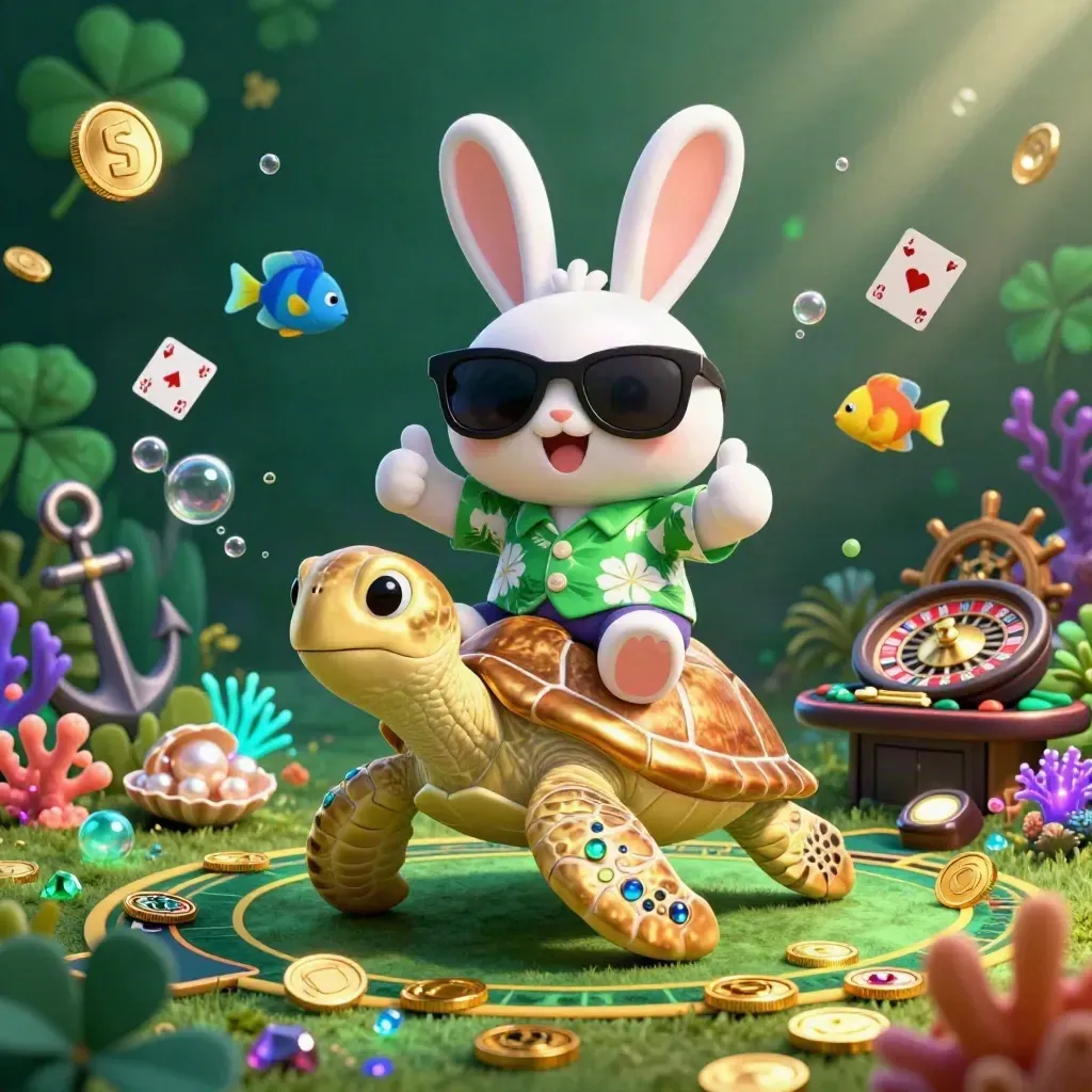 Lucky rabbit on golden turtle in a neon treasure cove with casino glow