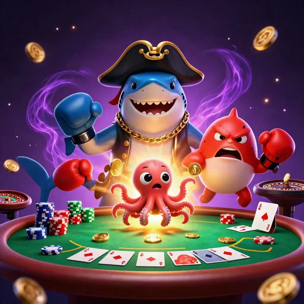 Pirate shark, angry pufferfish, and juggling octopus amid neon casino cards, chips, and glowing lights.