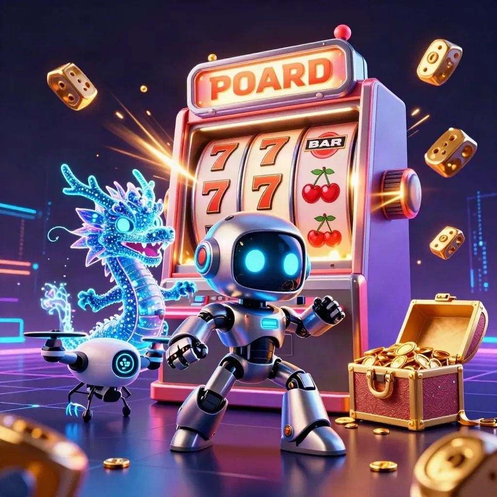 Cyberpunk robot, holographic dragon, and coin drone amid exploding slot machine gold and neon effects