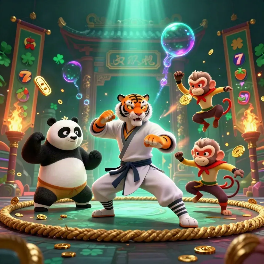 Tiger master, panda disciple, and monkey student in a neon temple battle amid gold coins and cyan glow.