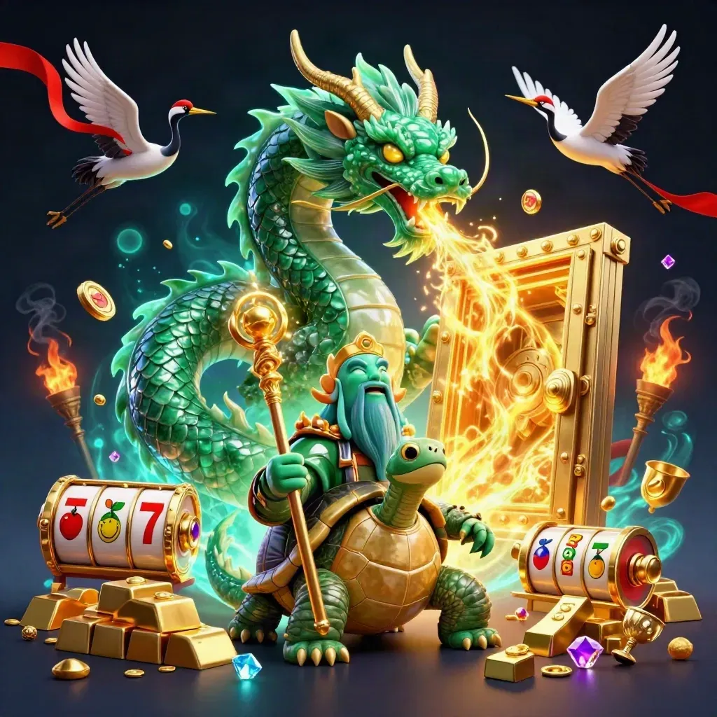 Emerald dragon, turtle sage and cranes amid gold treasure, cyan glow and casino loot.