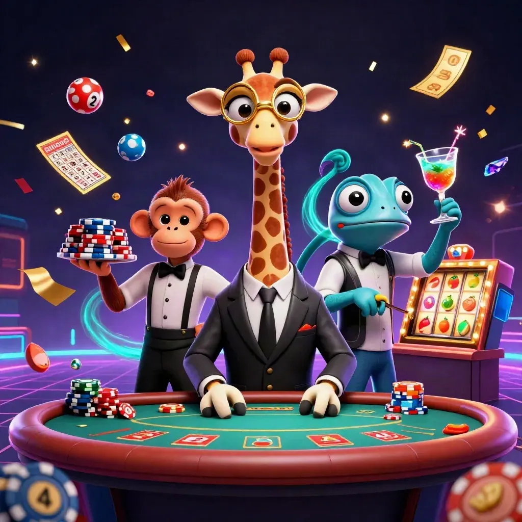 Giraffe, monkey, and chameleon casino heroes amid neon balls, chips, tickets, and sparks.