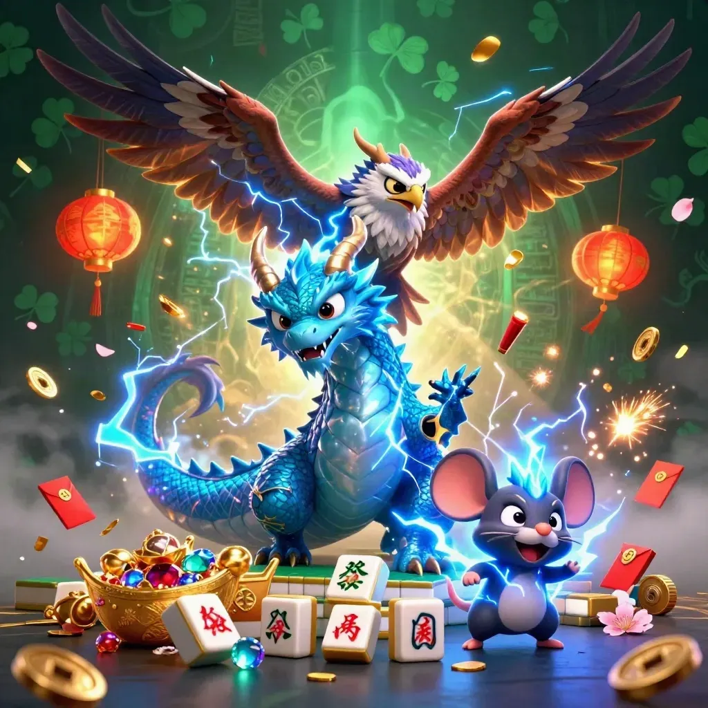 Lightning dragon, wind hawk, and static mouse amid lanterns, jade coins, and glowing petals.