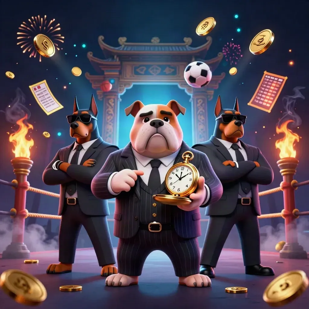 Bulldog boss with two Doberman guards amid coins, fireworks, temple gate, ring, and casino symbols