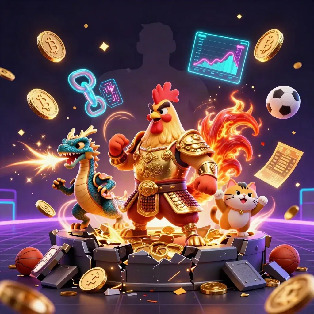 Rooster warrior, dragon hatchling, and fortune cat explode from a vault amid coins, neon crypto, and fireworks.