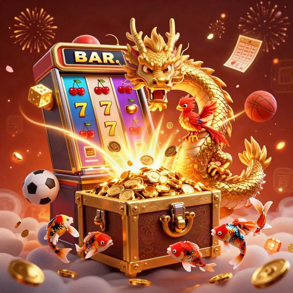 Golden dragon, phoenix, koi, slot burst, coins, sports bets, and fireworks in neon casino style.