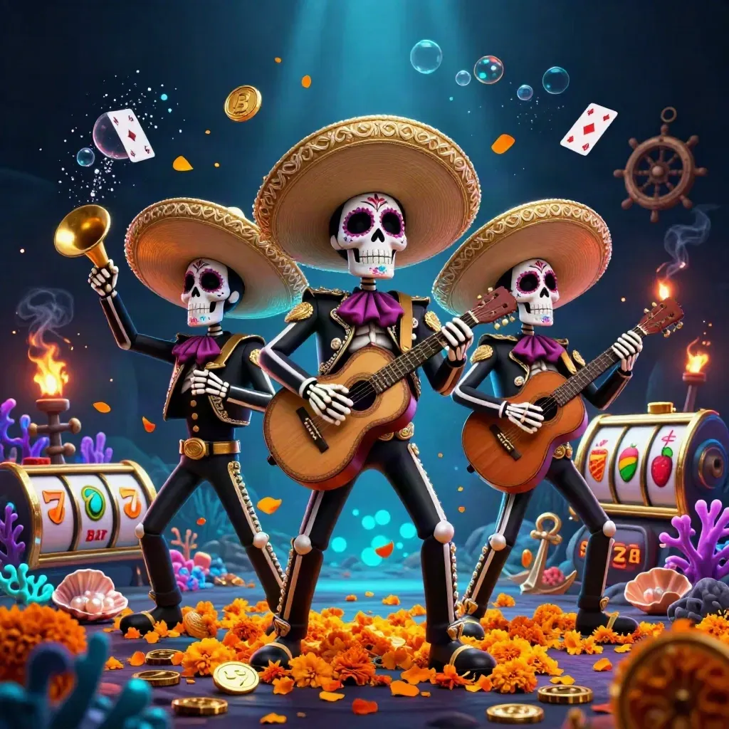 Day-of-the-Dead skeleton mariachi trio amid treasure, coral, coins, cards, cyan glow