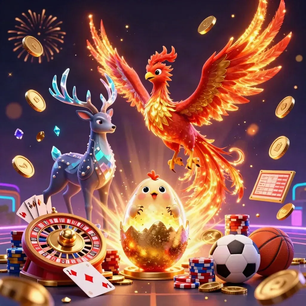 Phoenix, stag, and baby phoenix amid coins, roulette wheel, chips, gems, and neon casino lights.