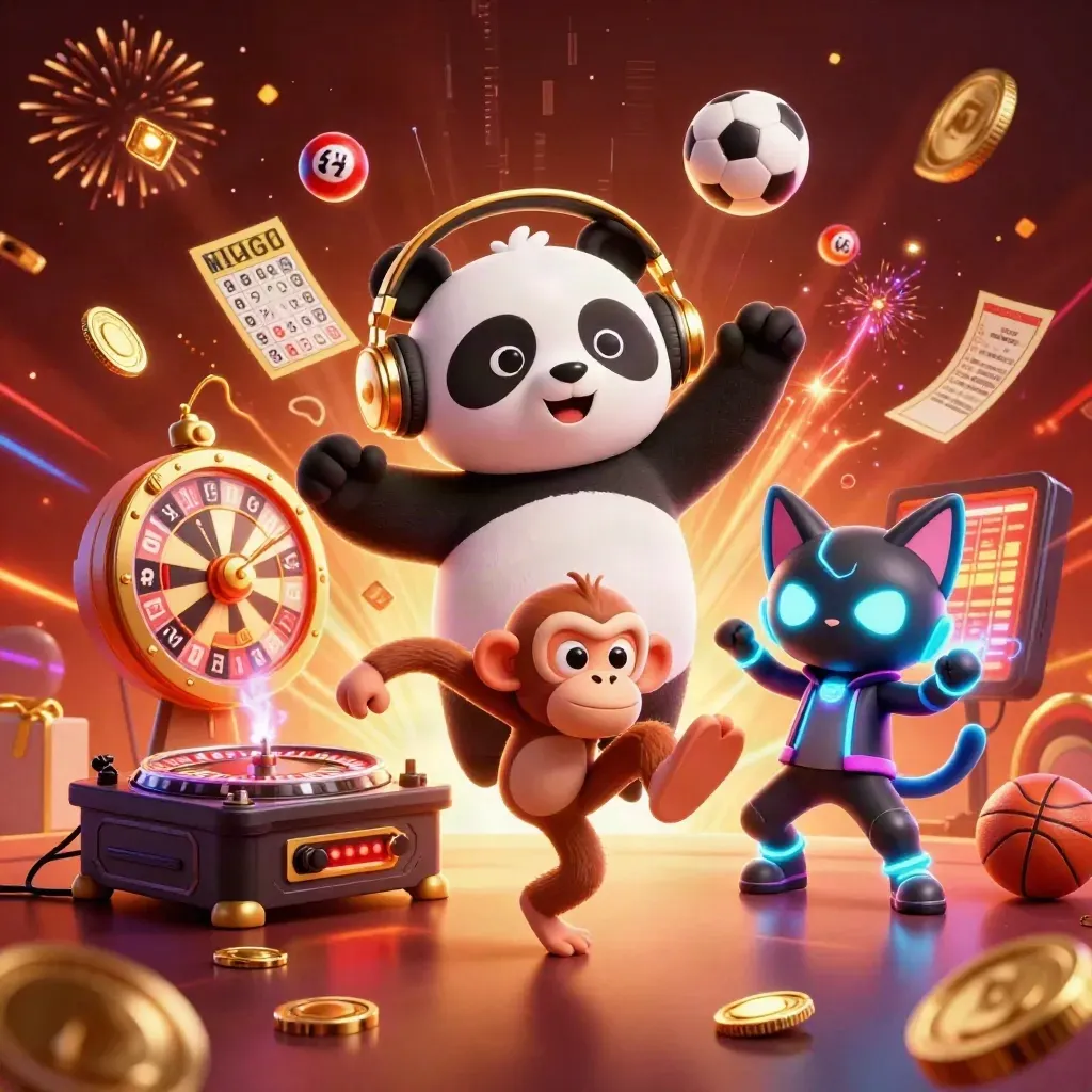 DJ panda, dancing monkey, and glow kitten amid casino treasure, neon effects, and fireworks.