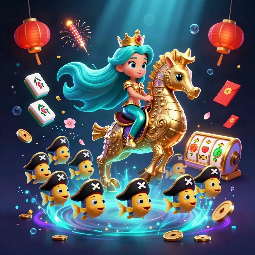 Mermaid princess rides a gold-armored seahorse amid pirate fish, lanterns, coins, and neon casino effects.