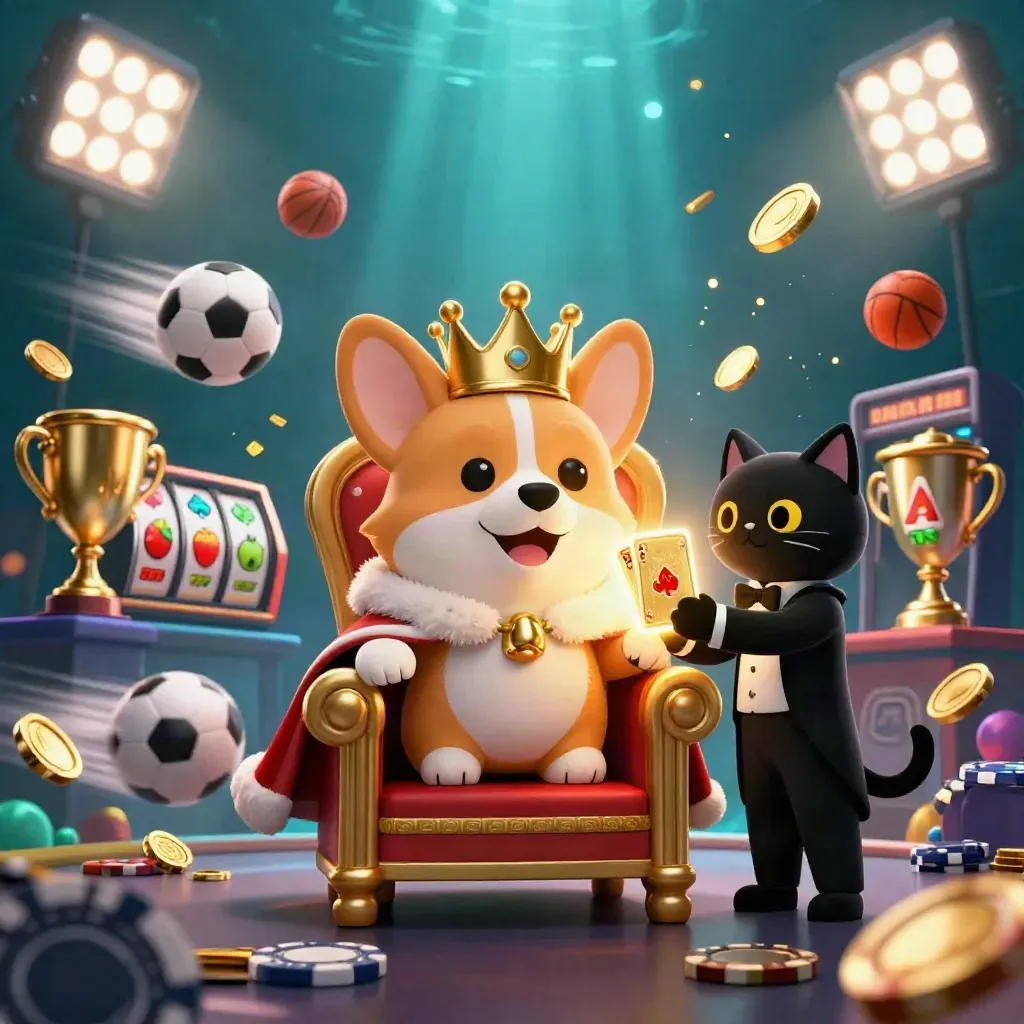 Royal corgi and cat butler amid casino and sports symbols in neon key art.