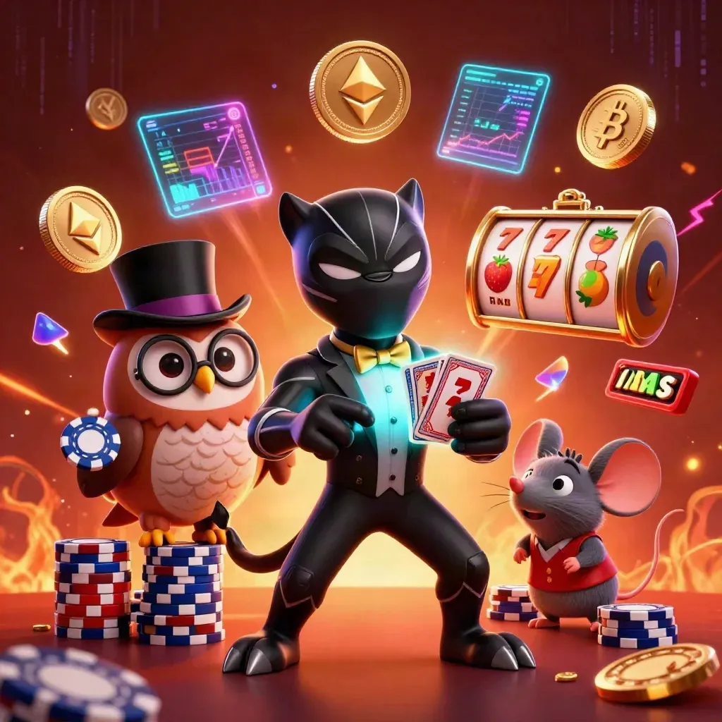 Panther, owl, and mouse in a neon casino scene with chips, coins, and glowing effects.