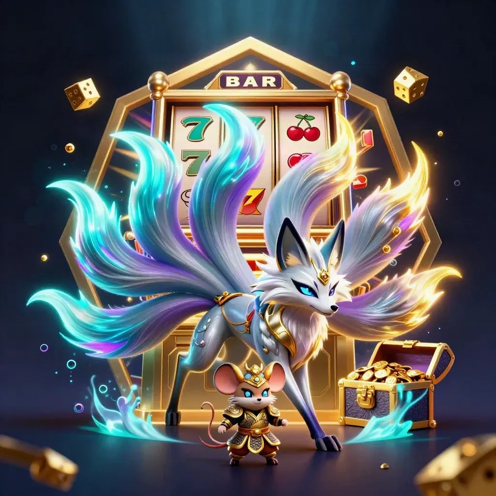 Nine-tailed neon fox and armored mouse amid slot reels, dice, gold, and cyan-violet magic.