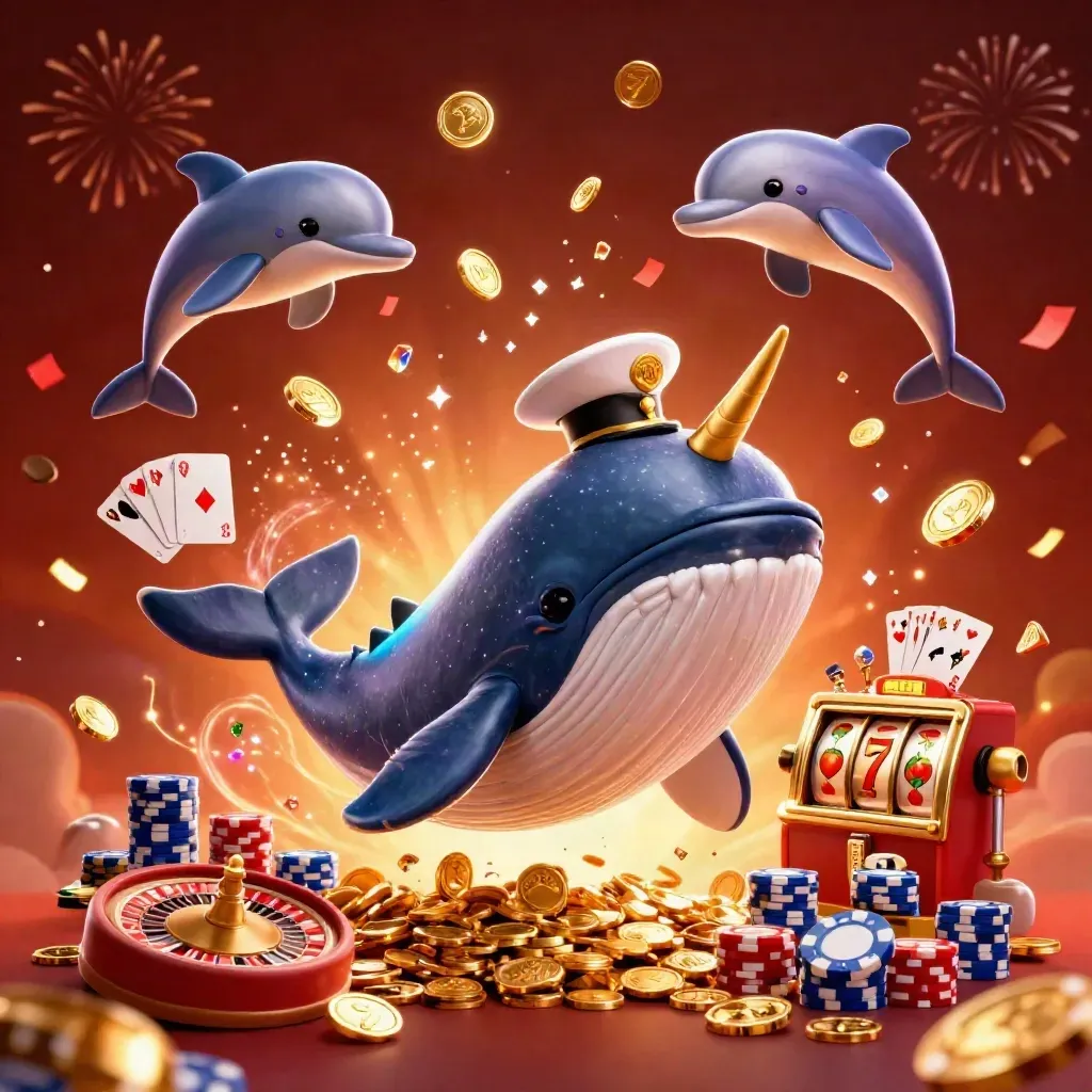 Captain whale, narwhal and dolphins erupting through coins with casino chips and roulette wheel.