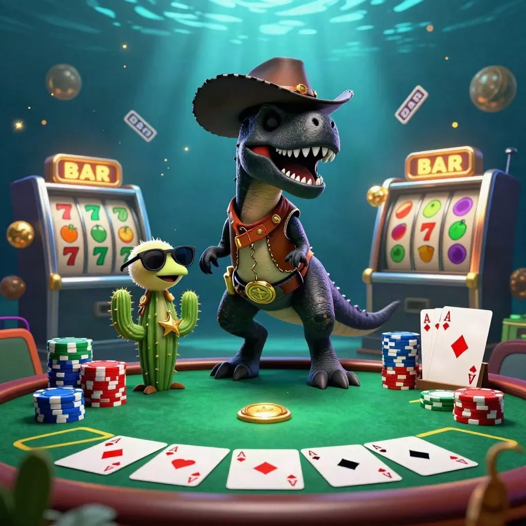 Cowboy T-Rex, cactus sidekick, and roadrunner amid casino chips, reels, and neon underwater light.