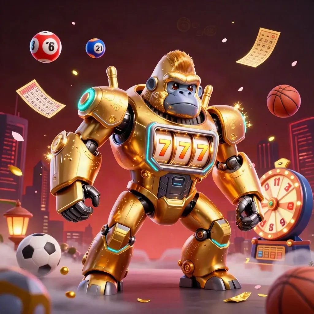 Golden gorilla slot-mech with monkey pilot amid neon lottery balls, prize wheel, and casino glow.