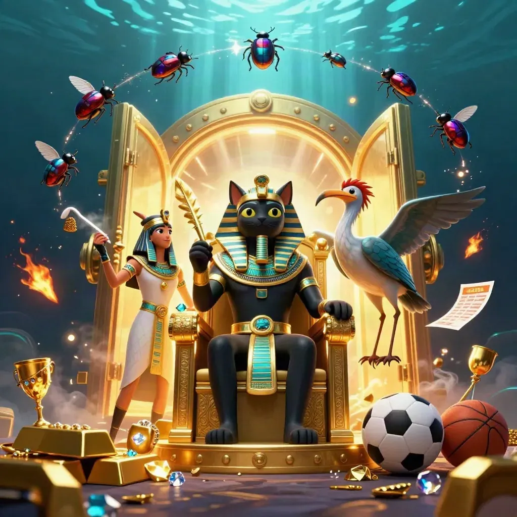 Pharaoh cat, ibis scribe, and gem-winged scarabs amid gold, sparks, and neon light.