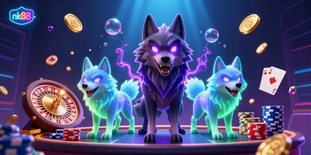 Engage with the thrill of nk88 casino games, featuring spectral wolves, golden coins, and vibrant roulette.