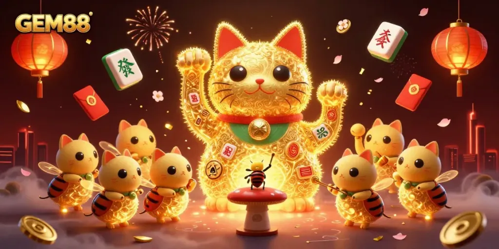 Experience GEM88's vibrant casino world with the lucky cat and festive elements showcasing unique gaming